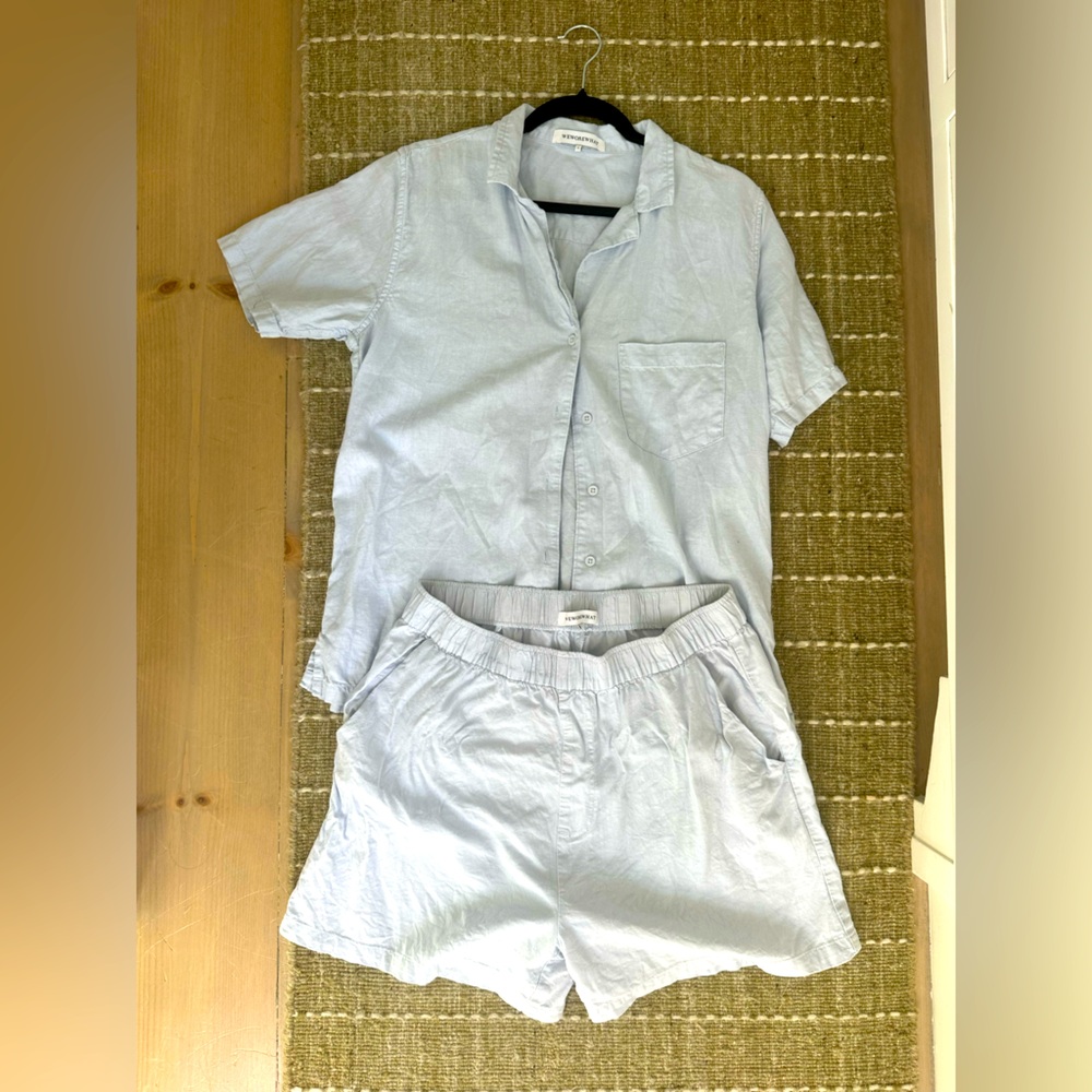 WeWoreWhat Baby Blue Linen Summer Collar Shirt & Shorts Set